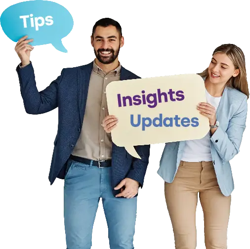 Man holding tips bubble and woman holding insights and updates bubble